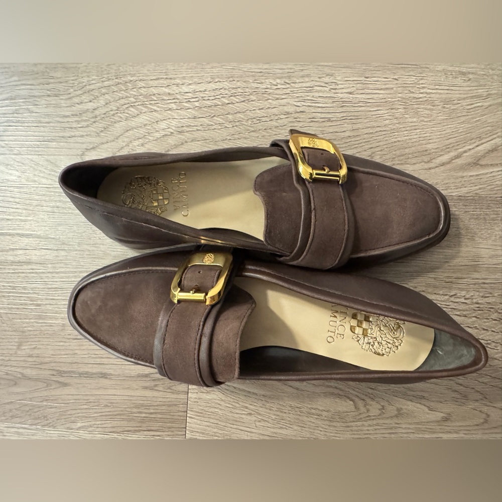 Vince Camuto Brown Loafers with Gold Buckle. Women’s size 5.5 shoe. Brand new.